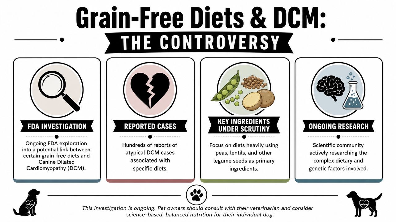An infographic summarizing the potential link between grain-free dog diets and canine dilated cardiomyopathy (DCM) investigation.