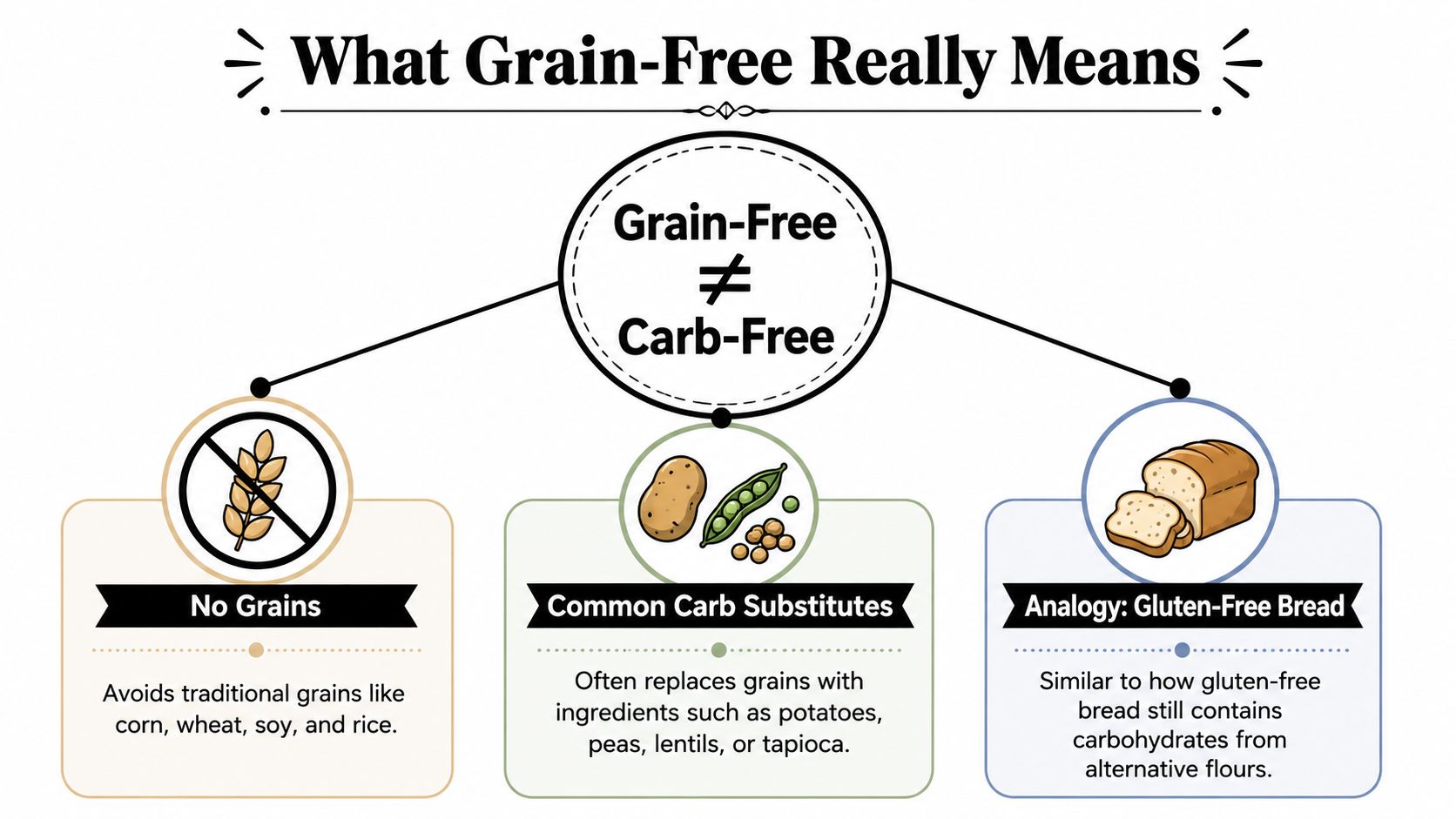 An infographic explaining that a grain-free diet is not necessarily carb-free, featuring common substitutes and examples.