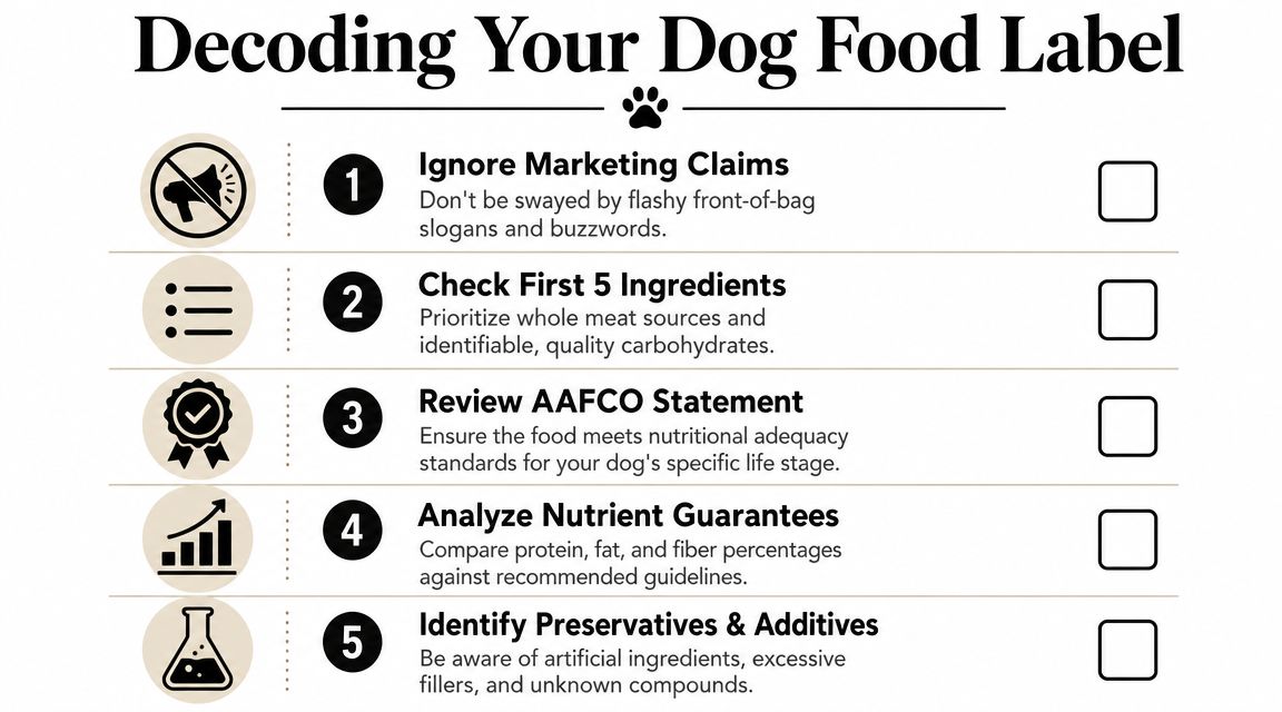 An infographic titled Decoding Your Dog Food Label offering five steps for evaluating canine nutritional quality.