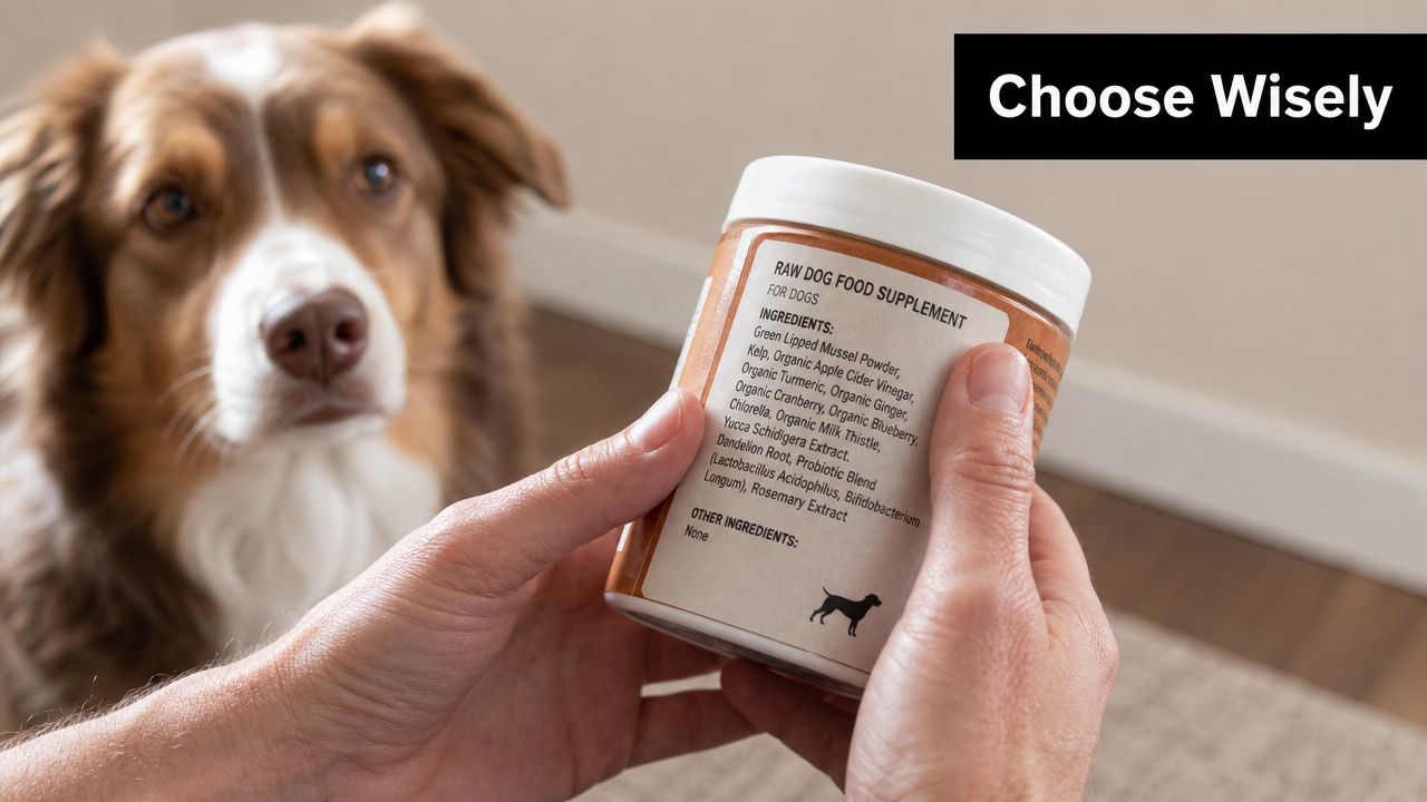 A person holding a container of raw dog food supplement while an Australian Shepherd watches carefully.