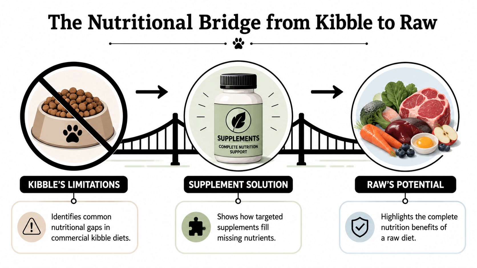 A diagram illustrating the nutritional transition for pets from commercial kibble diets to raw food diets using supplements.