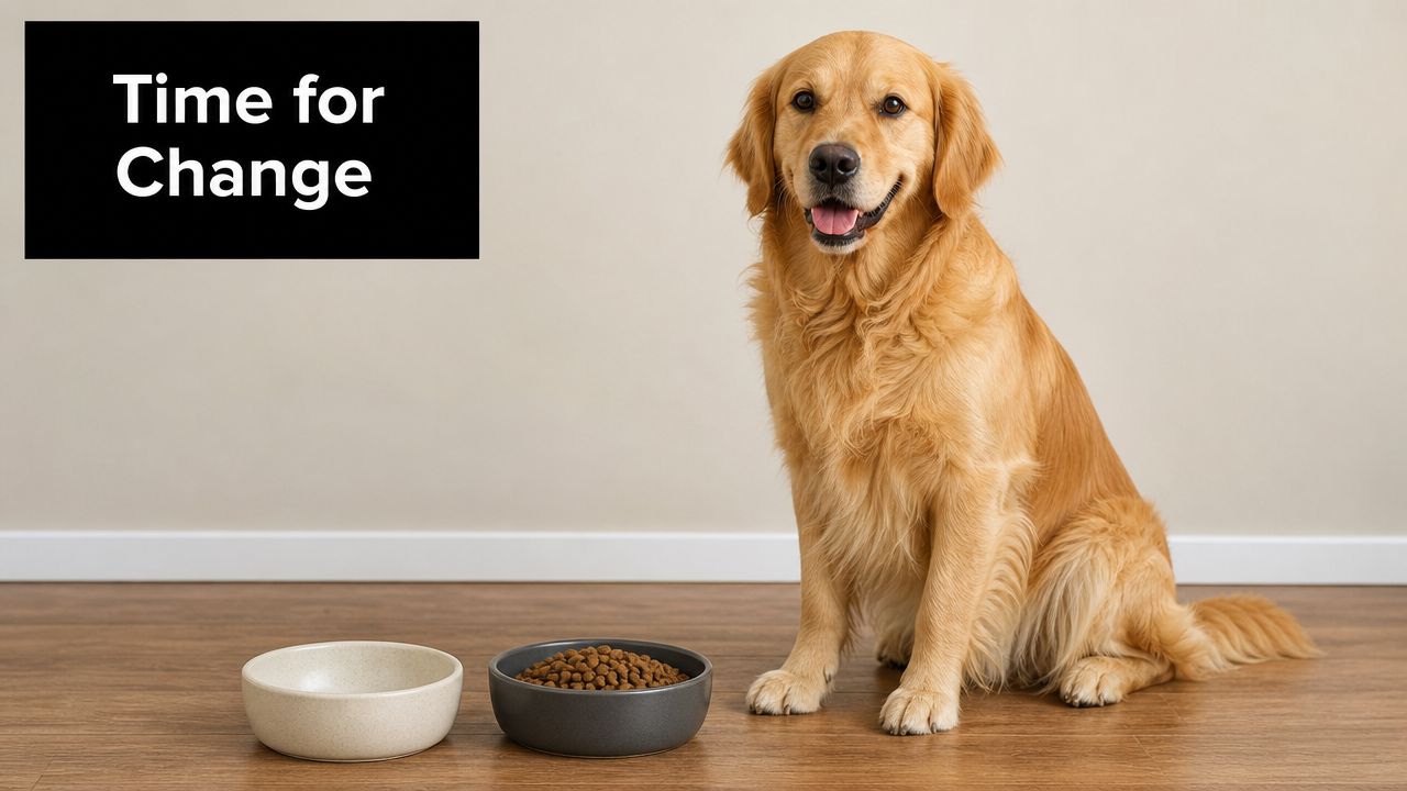 A golden retriever sitting on a wooden floor next to two food bowls, one empty and one full.