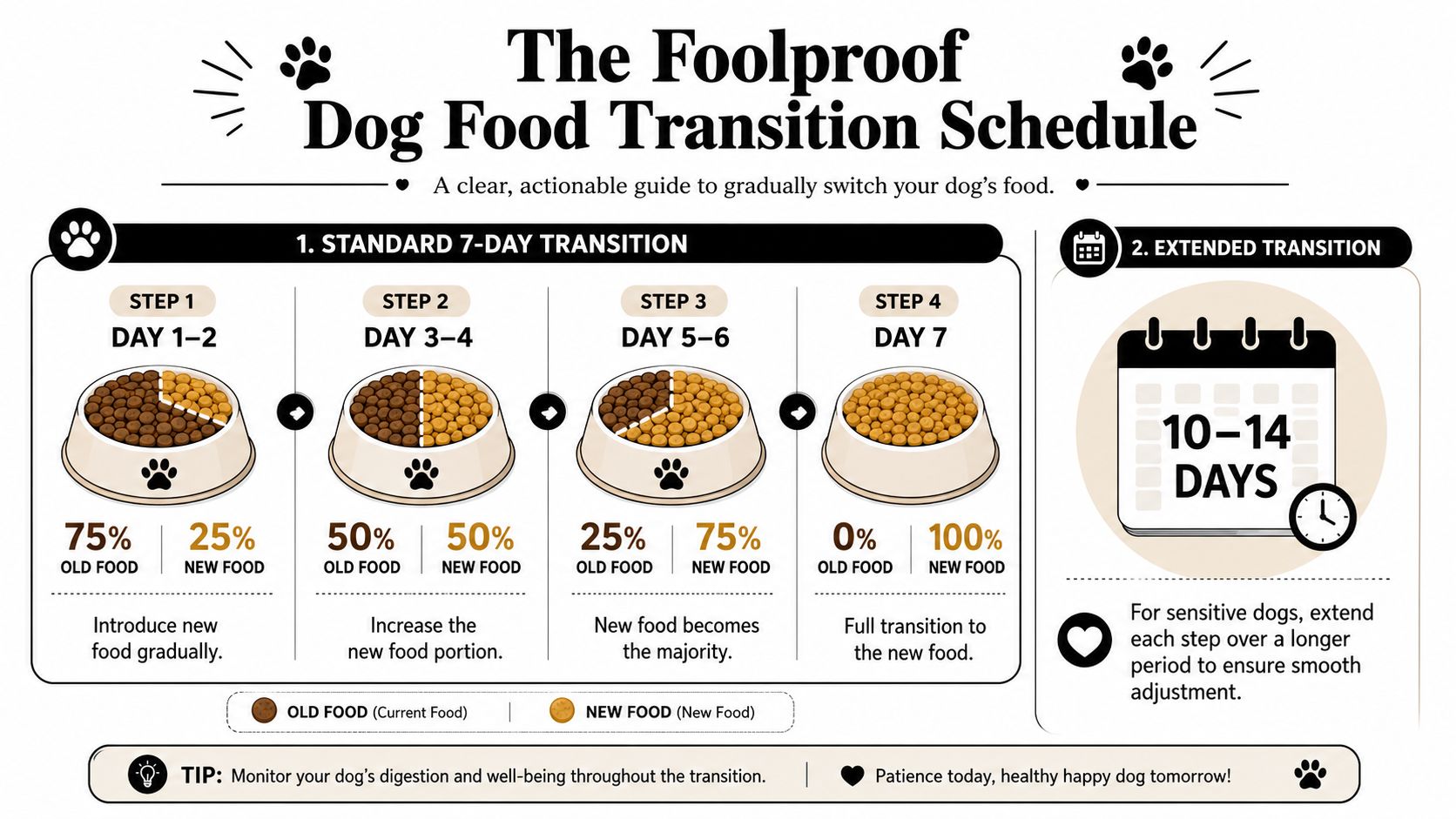 An infographic showing a foolproof 7-day schedule for gradually transitioning your dog to new food brands.