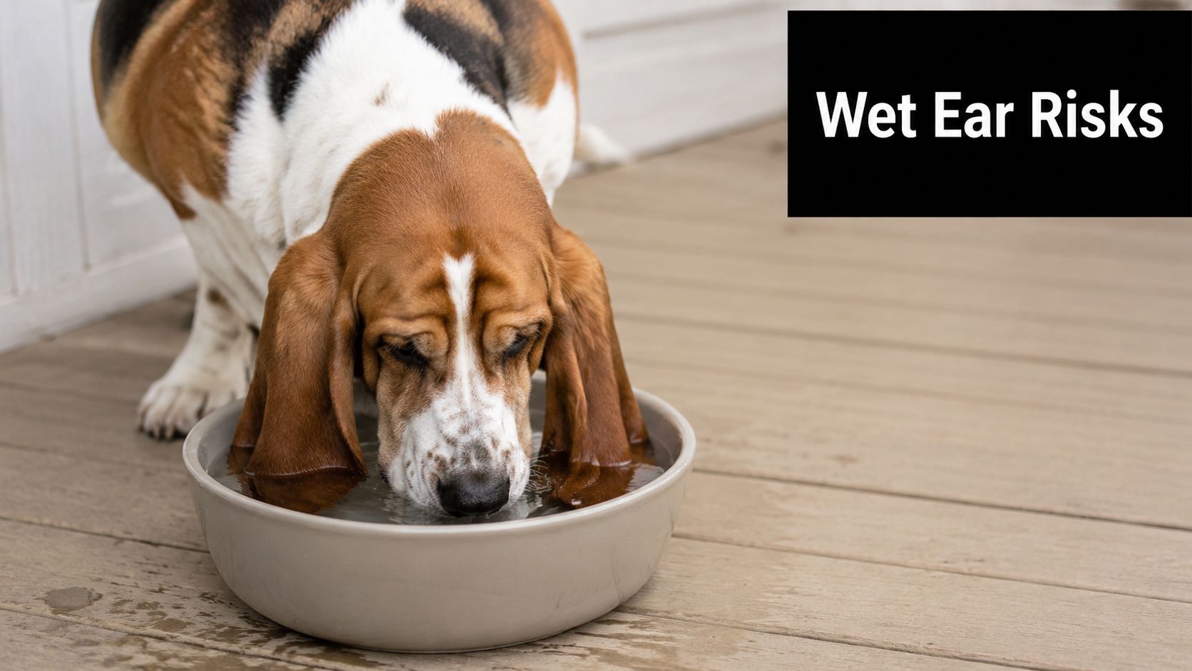 A Basset Hound drinking water from a bowl, highlighting the risks of wet ears for long-eared dogs.