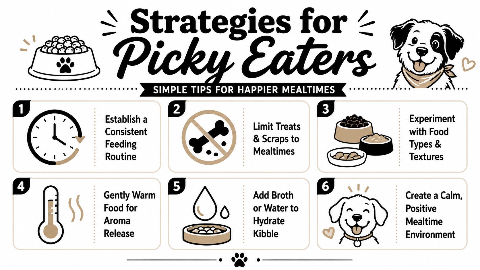 A helpful infographic featuring six tips for managing a dog that is a picky eater.